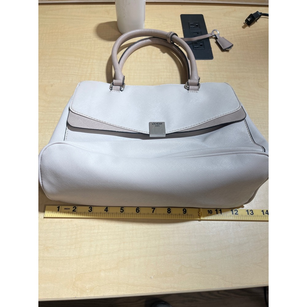 Guess 1981 Cream Taupe Saffiano Faux Leather Satchel Handbag Silver Hardware